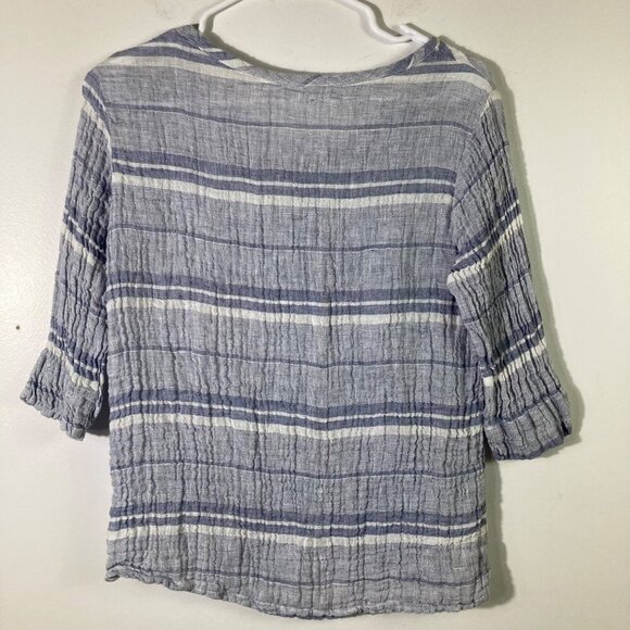 Womens Stella Moda Linen Cropped Tunic 3/4 Sleeve Blue White Striped S - Picture 2 of 9